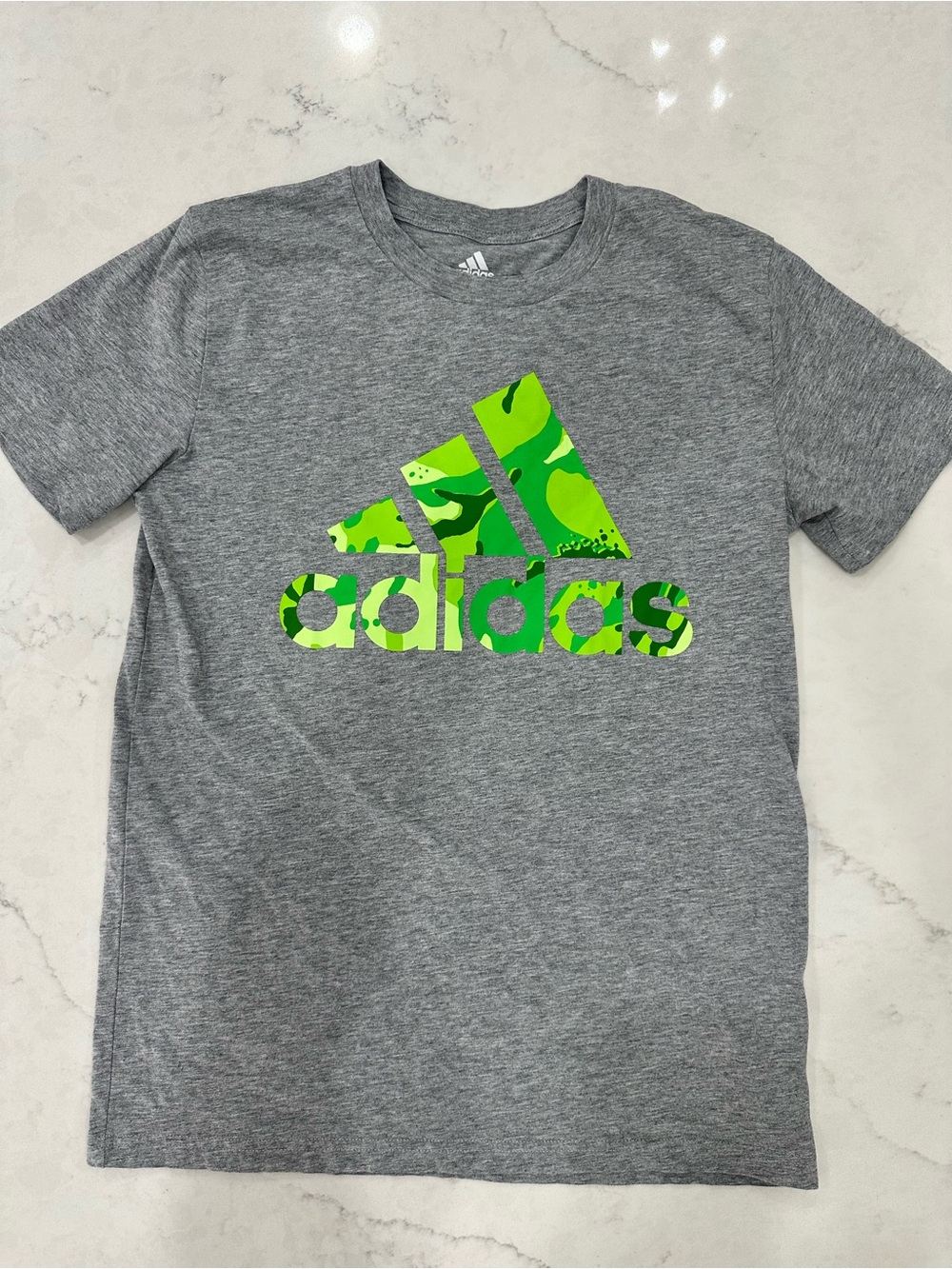 Adidas Boy’s Gray Tee with Neon Green Camo Logo